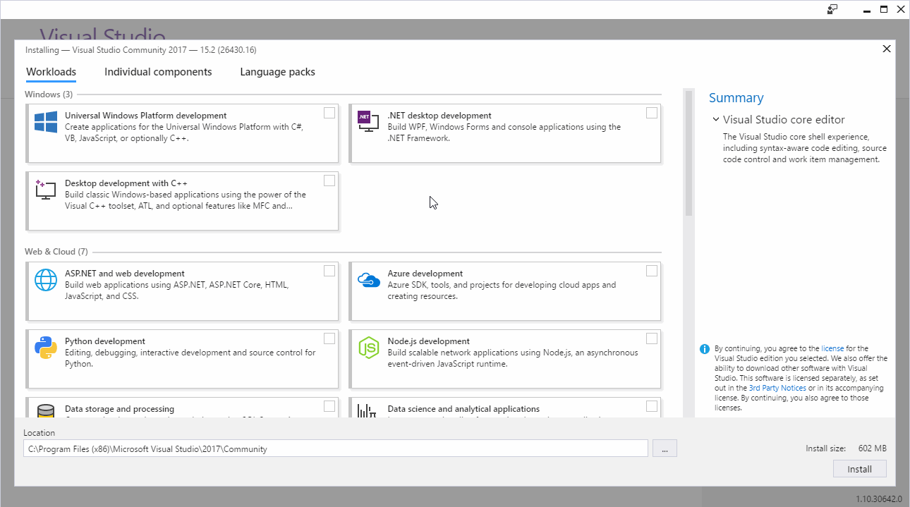 Animation that shows the Desktop development with C plus plus workload then choose the Install button.
