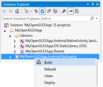 Build Android Packaging Project Screenshot of the Solution Explorer window with the shortcut menu for the Android Packaging Project showing the Build command.