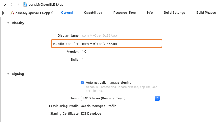 Xcode bundle identifier Screenshot of the Xcode bundle identifier.
