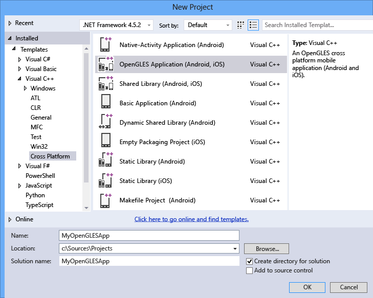 New OpenGLES Application project Screenshot of the New Project dialog where the OpenGLES Application project template is selected, with MyOpenGLESApp in the Name textbox.