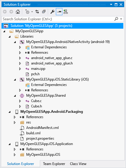 MyOpenGLESApp in Solution Explorer Screenshot of MyOpenGLESApp in Solution Explorer.
