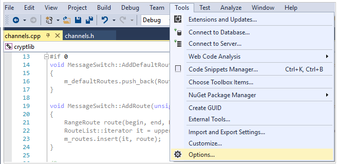 Editor options Screenshot showing the Visual Studio menu item Tools selected, and the Options menu item highlighted.