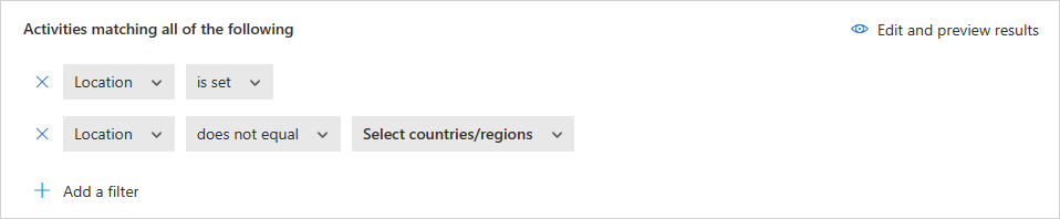 Screenshot of activity filter settings with a Location does not equal filter and a Location is set filter configured together.