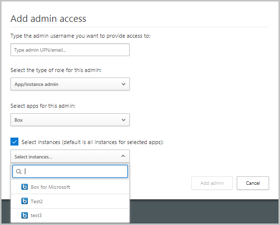 Screenshot showing the add user dialog to add additional admins in Defender for Cloud Apps.
