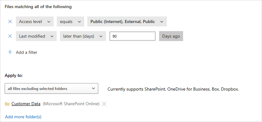Screenshot of file policy filters configured for recently modified restricted data outside the Customer Data folder on SharePoint.