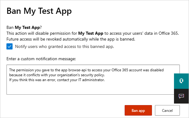 Screenshot of the ban app confirmation dialog with user notification options.
