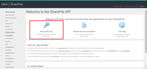 Screenshot of the Citrix ShareFile Get an API Key option.