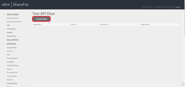 Screenshot of the Citrix ShareFile API portal Create New key option.