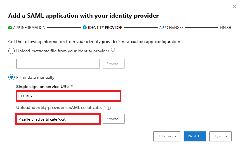 Screenshot of the Defender for Cloud Apps identity provider page with fields for the SSO service URL and SAML certificate.