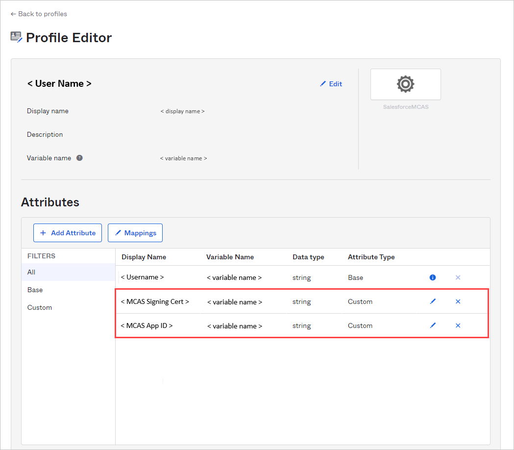Screenshot of the Okta Profile Editor showing fields for adding custom profile attributes.