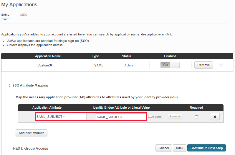 Screenshot of the custom Salesforce app SSO Attribute Mapping page with attributes being added.