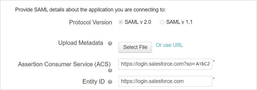 Screenshot of the custom Salesforce app Application Configuration page with SAML details entered.