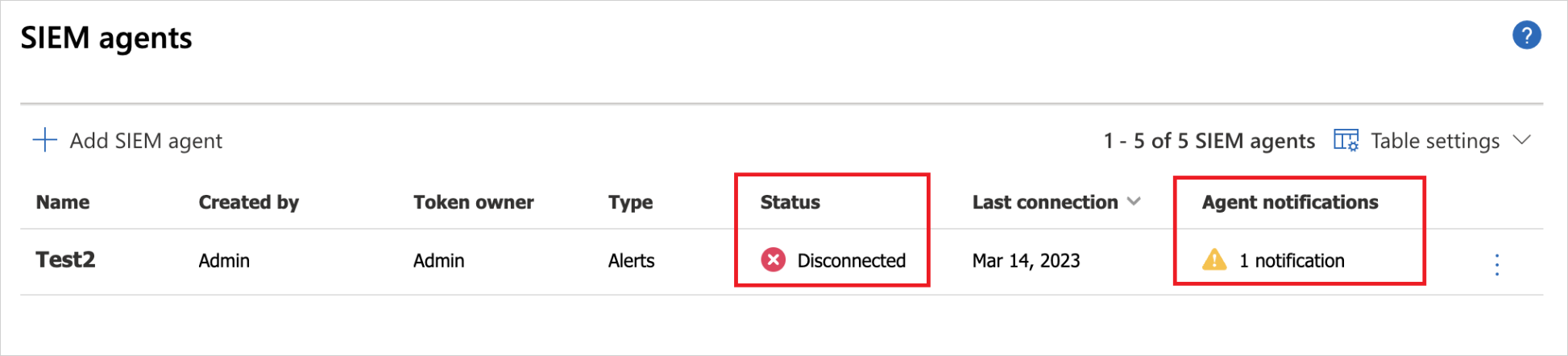 Screenshot of SIEM integration status showing the agent connection is disconnected.