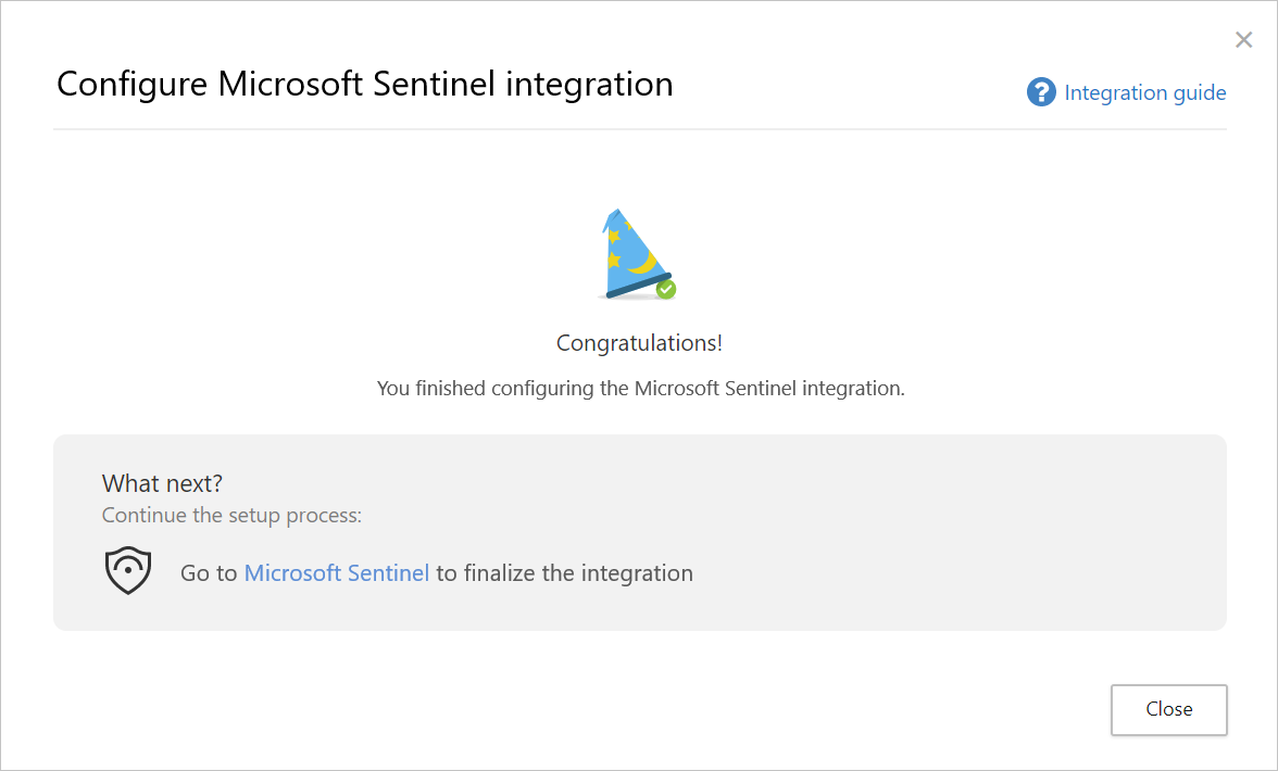 Screenshot of the completion page confirming that the Microsoft Sentinel integration setup is finished and ready to finalize in Microsoft Sentinel.