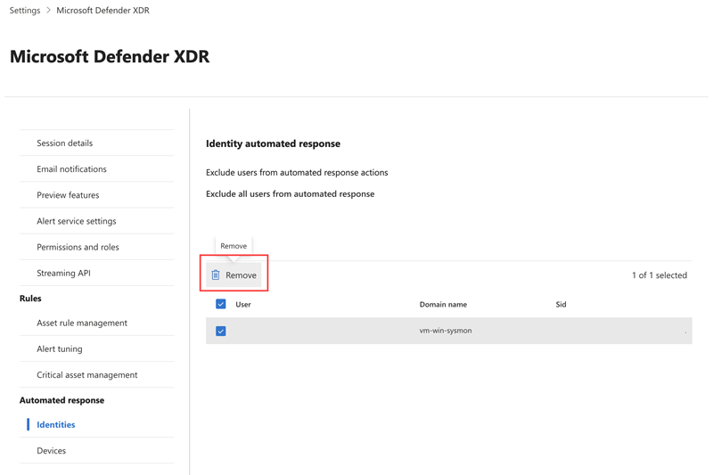 Screenshot of the remove option for an excluded user on the Identities page
