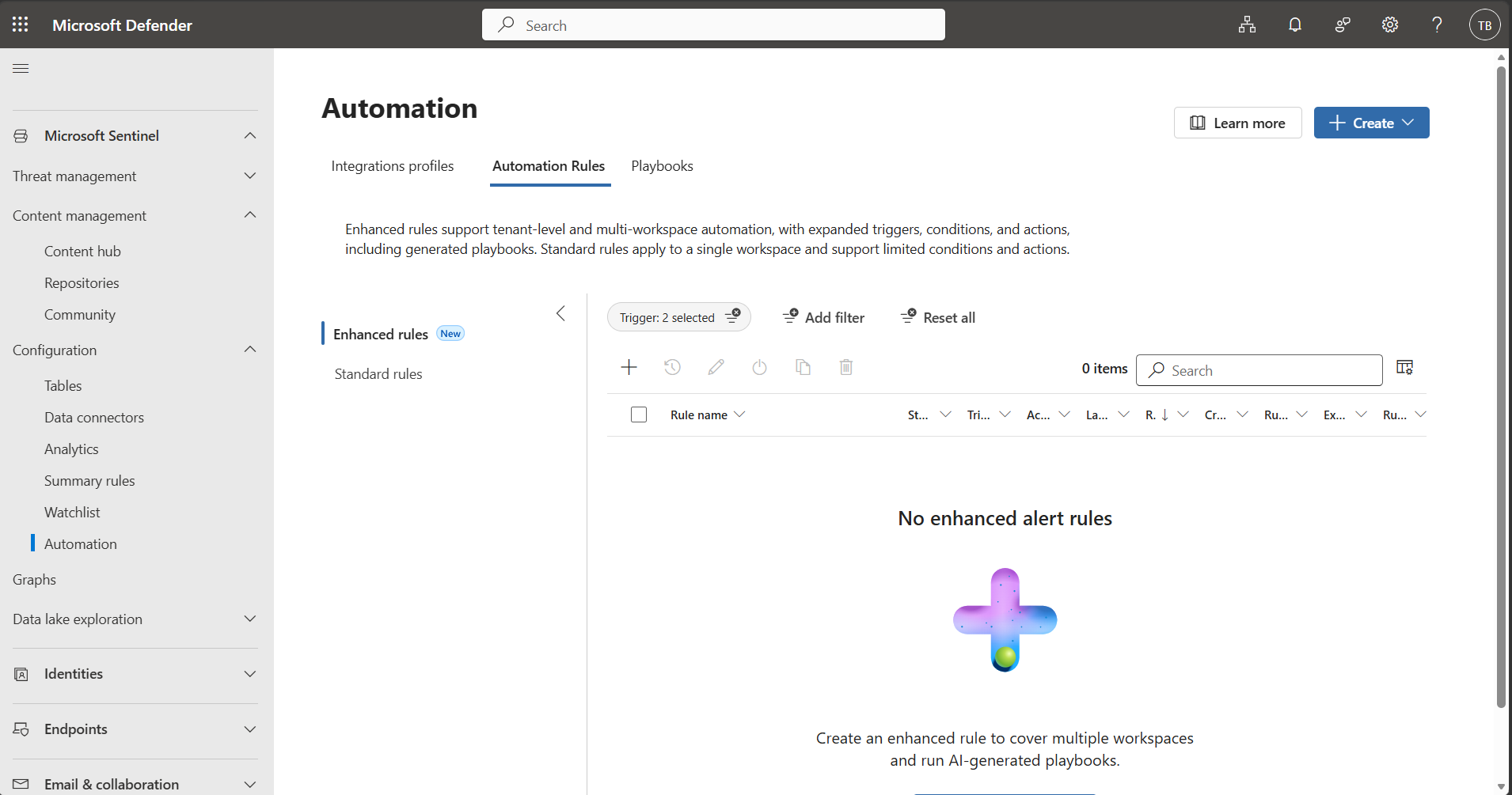 Screenshot of the Enhanced rules tab in Automation.