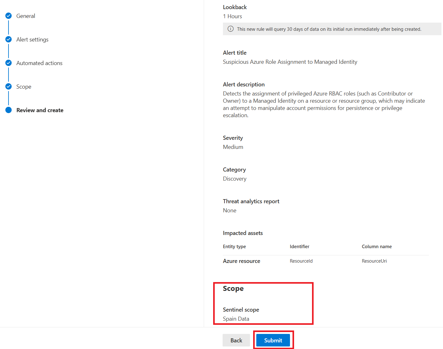 Screenshot of the review step for a scoped custom detection rule.