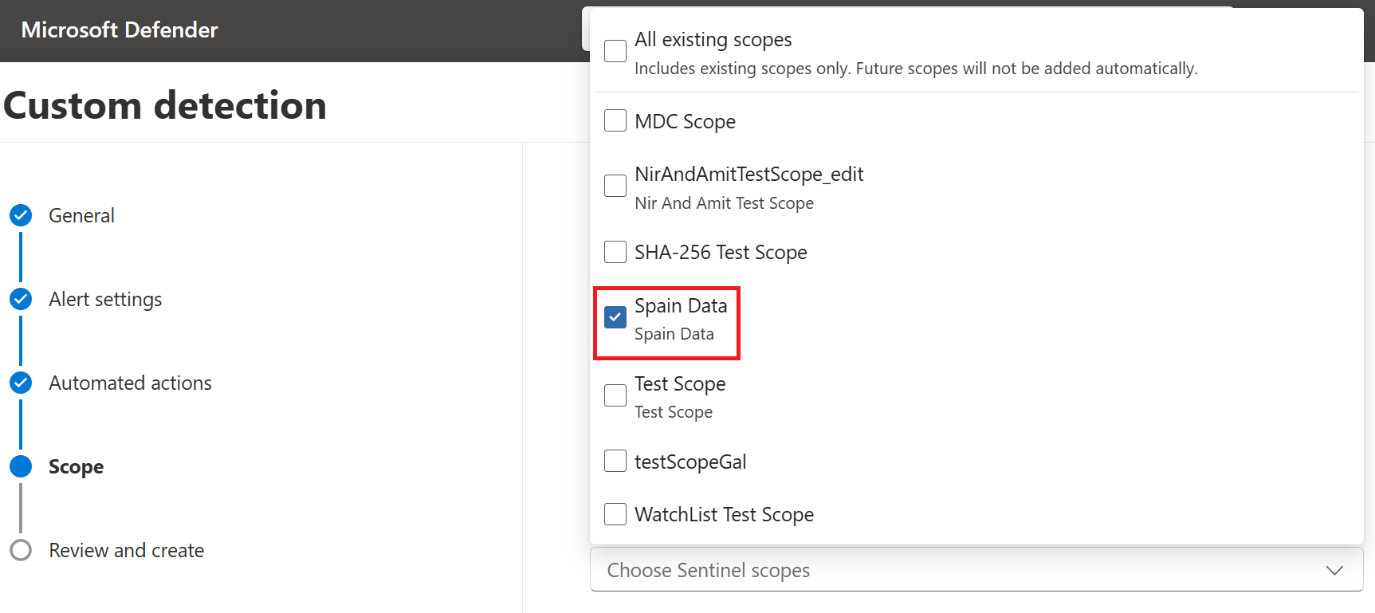 Screenshot of selecting specific scopes for a custom detection rule.