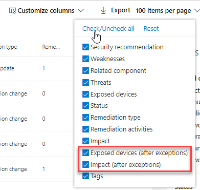 Screenshot of the Customize columns menu on the Recommendations page with exception-related columns selected.