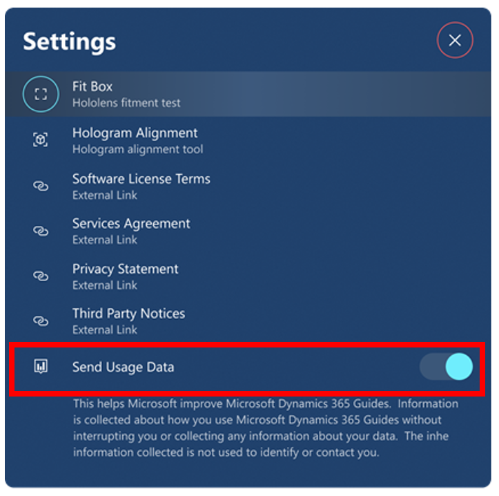 Send usage data HoloLens app setting Send usage data HoloLens app setting