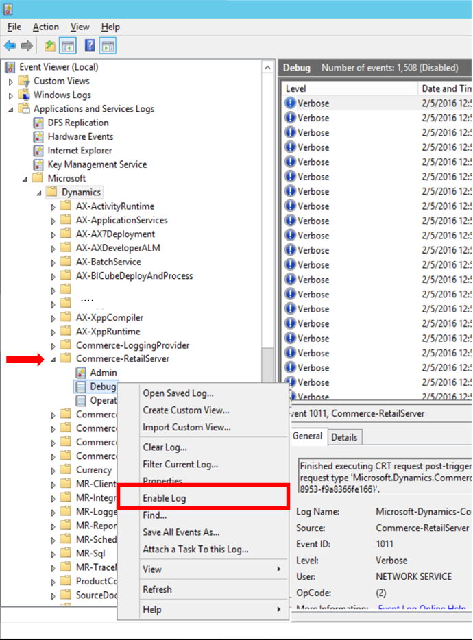 Screenshot of the Enable Log command on the shortcut menu for a debug log.