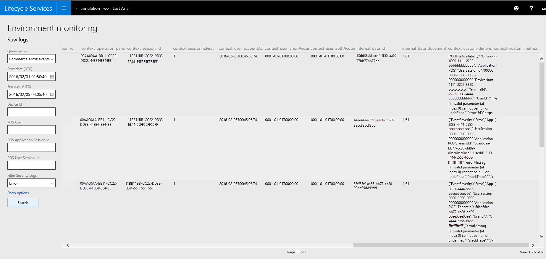 Screenshot of search results on the Environment monitoring page.