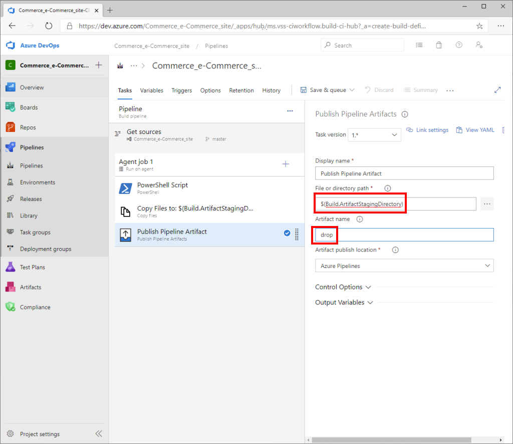 Screenshot of Azure DevOps Publish Pipeline Artifacts pane with File or directory path and Artifact name fields highlighted.