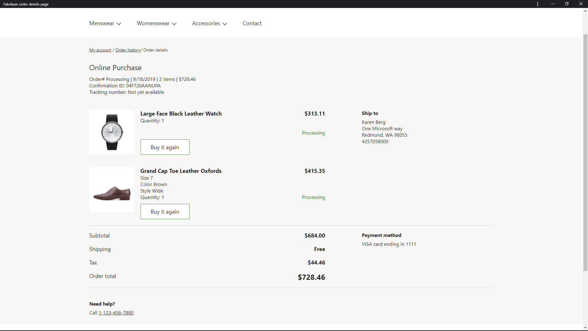 Screenshot of an Order details page.
