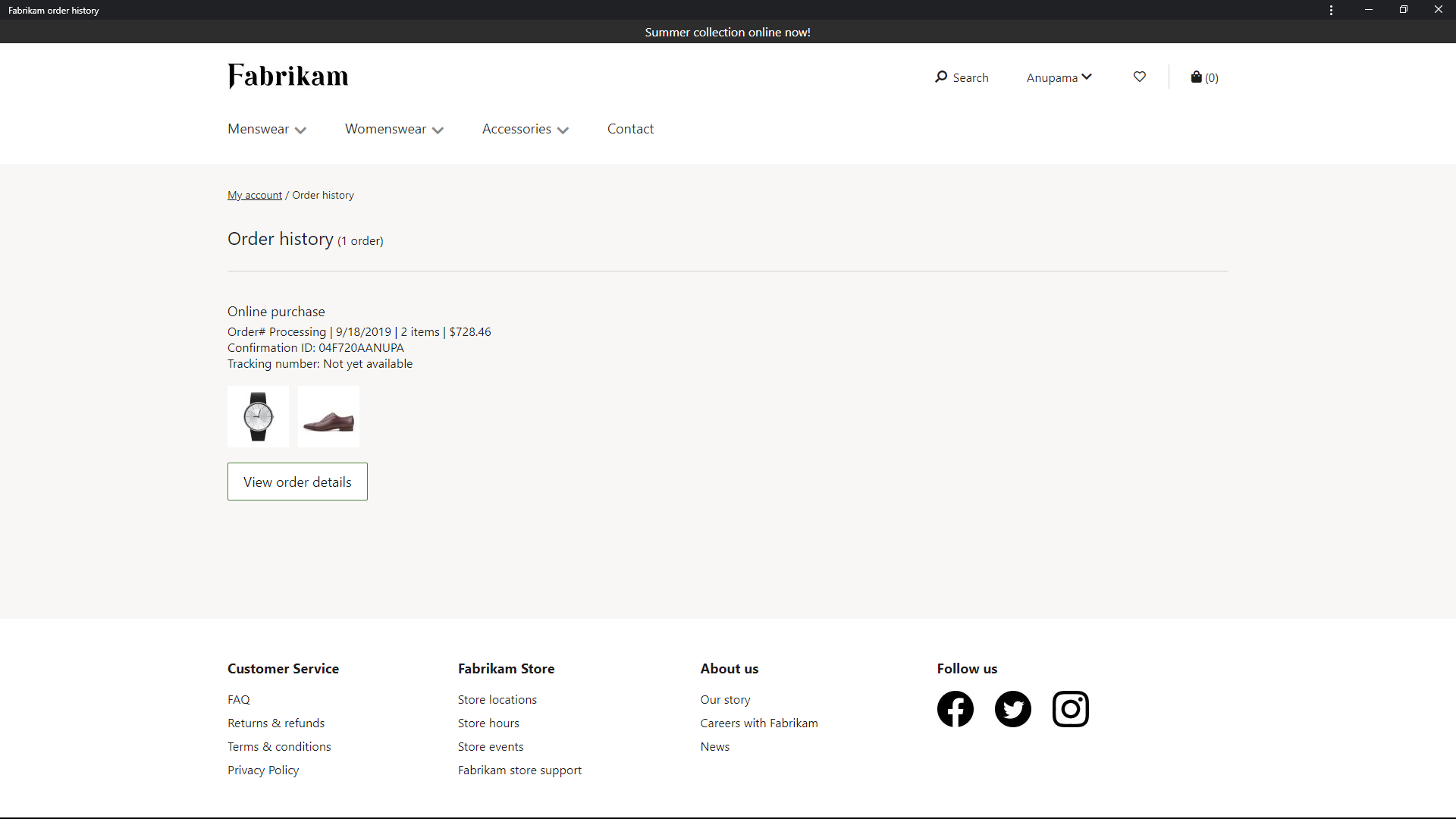 Screenshot of an Order history page.