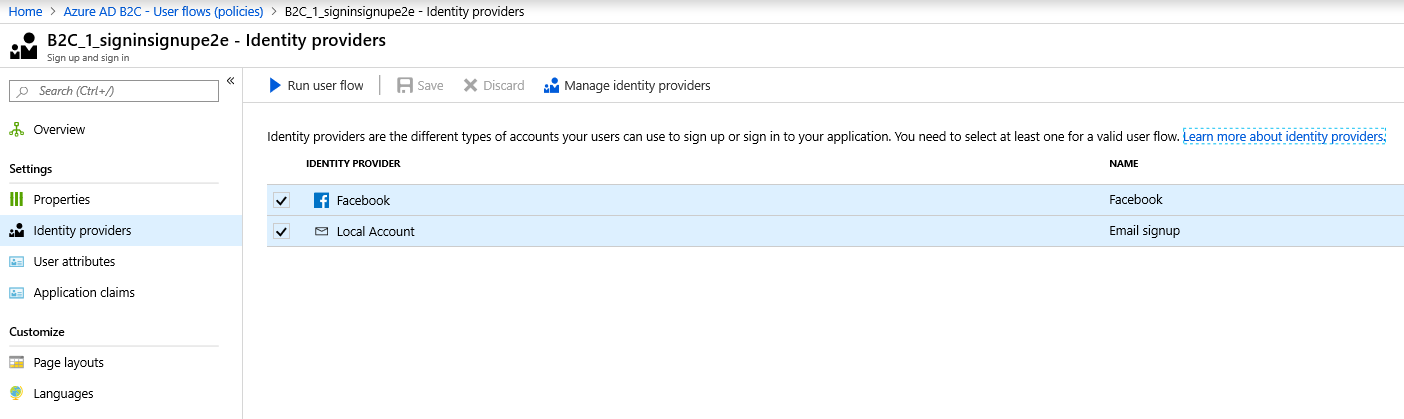 Screenshot of selecting social identity providers to enable on the Microsoft Entra B2C Identity Providers page.