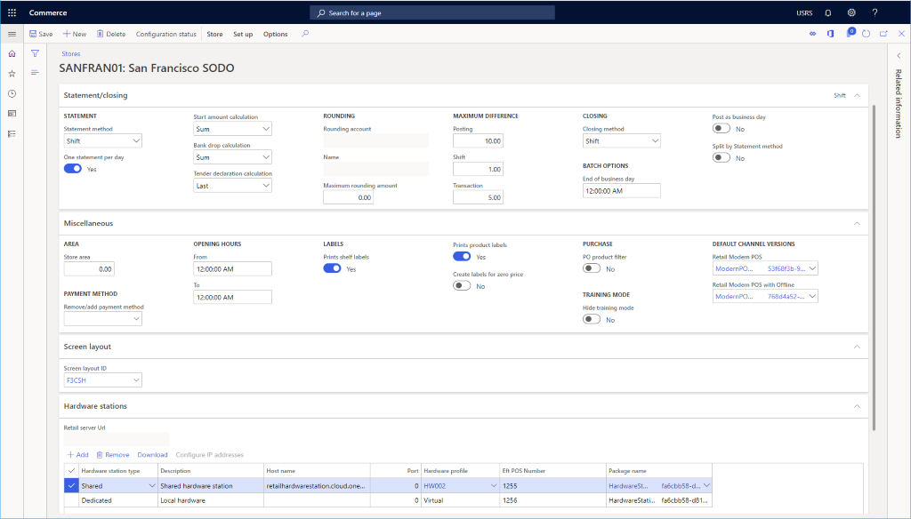 Screenshot of an example retail channel configuration.