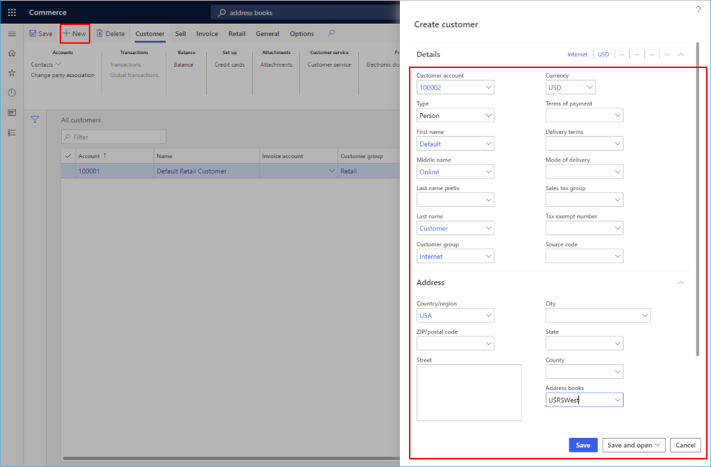 Screenshot of default customer creation.