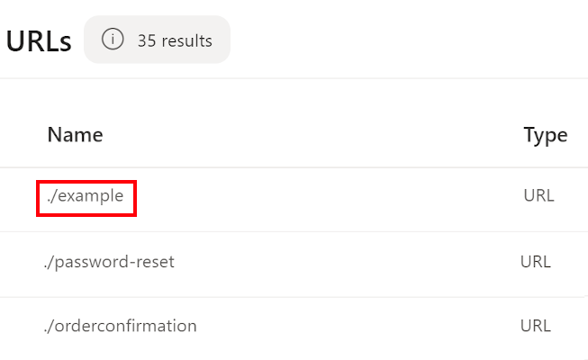Screenshot of the URLs page in site builder with an example URL highlighted in the list.