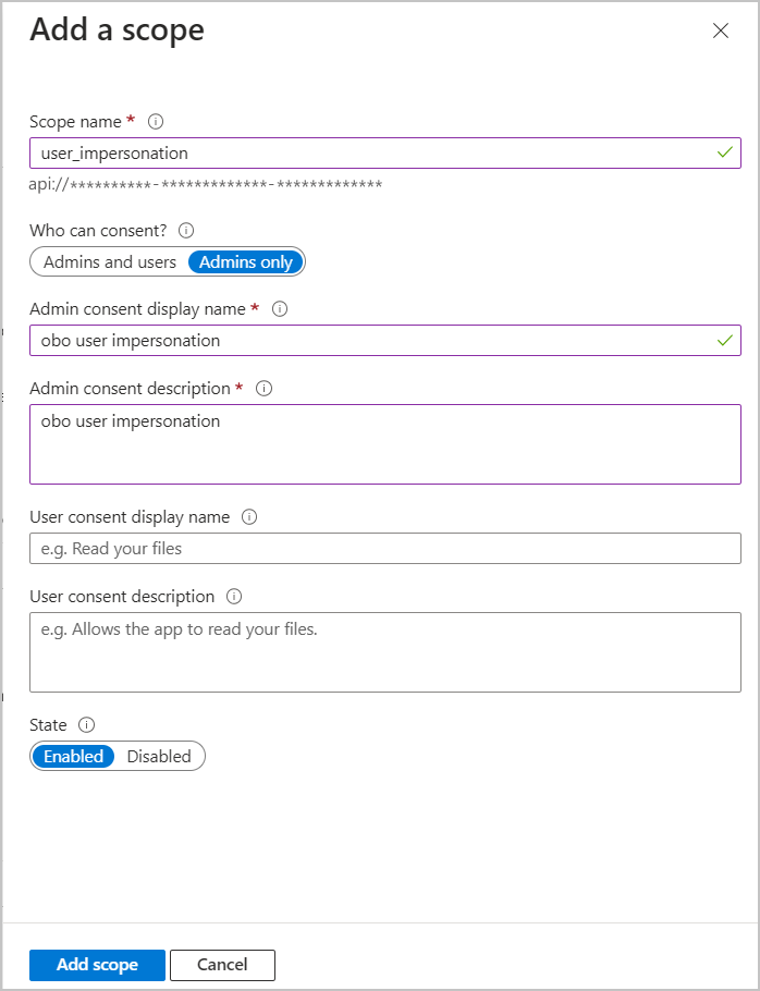 Screenshot of an example of adding a scope.