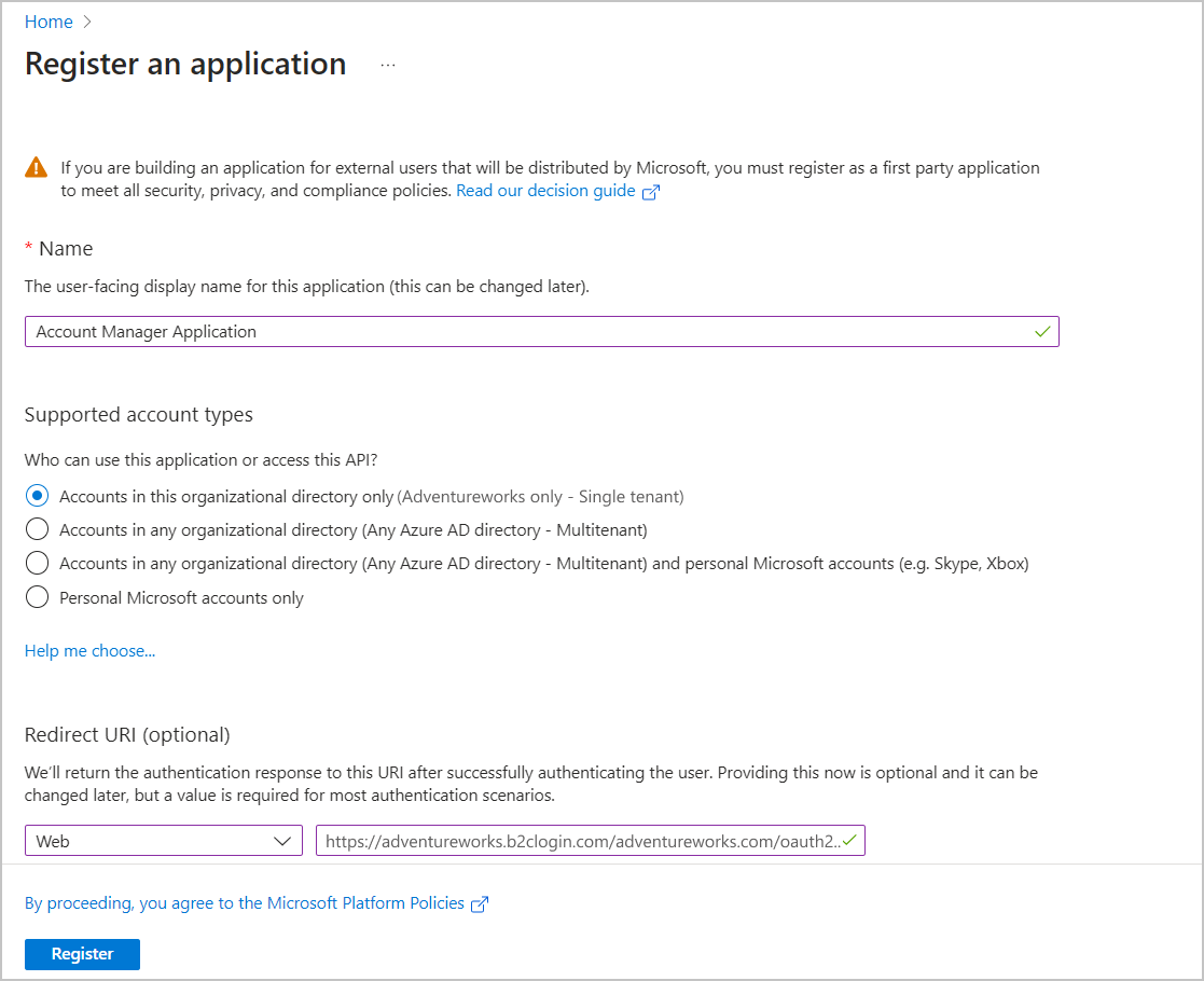 Screenshot of the registration of the Microsoft Entra B2B application.