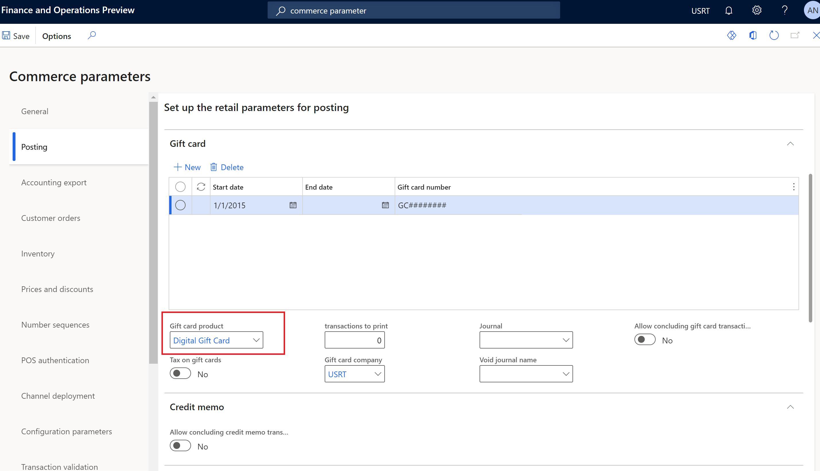 Screenshot of the Gift card product field in Commerce headquarters.