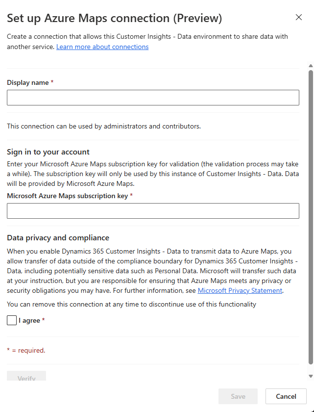 Azure Maps connection configuration page.