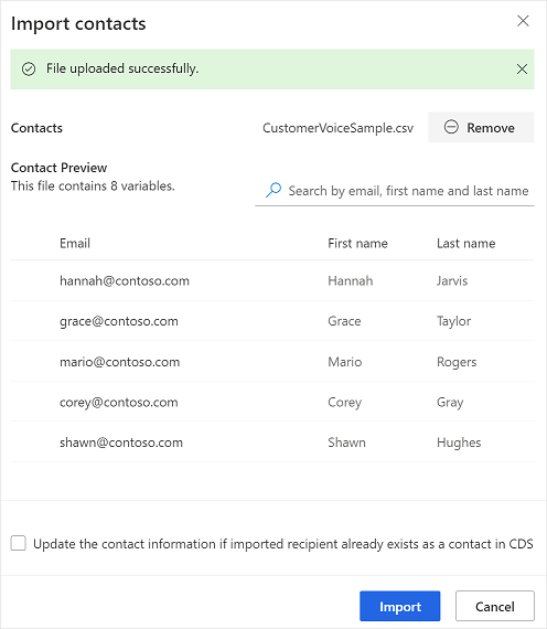 Preview contacts of the CSV file Preview contacts of the CSV file.