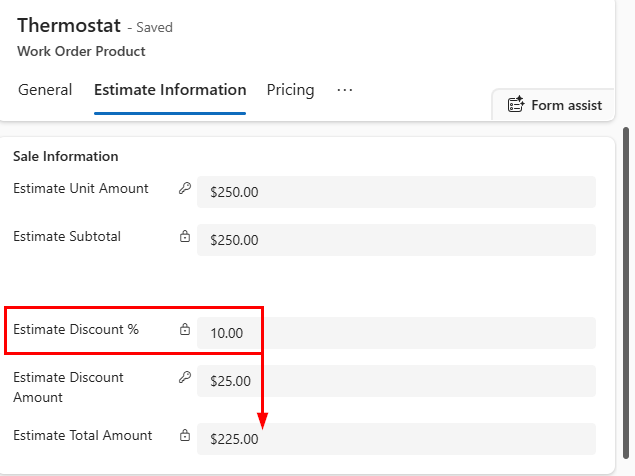 Screenshot of discount applied to work order product from the entitlement.