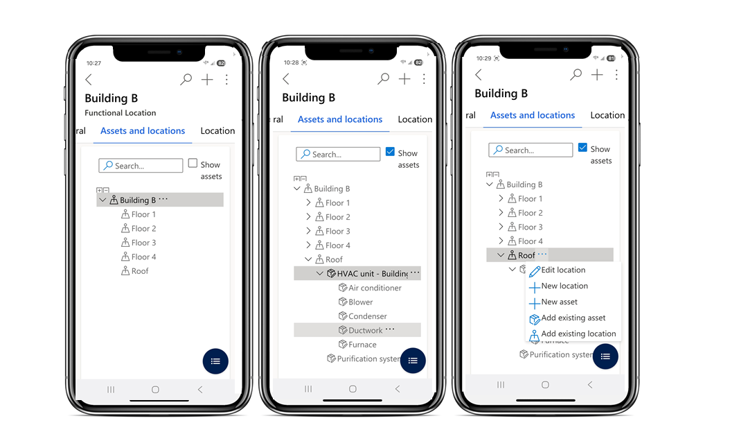 Simulated screenshots of the Field Service mobile app, showing asset hierarchies and functional locations.