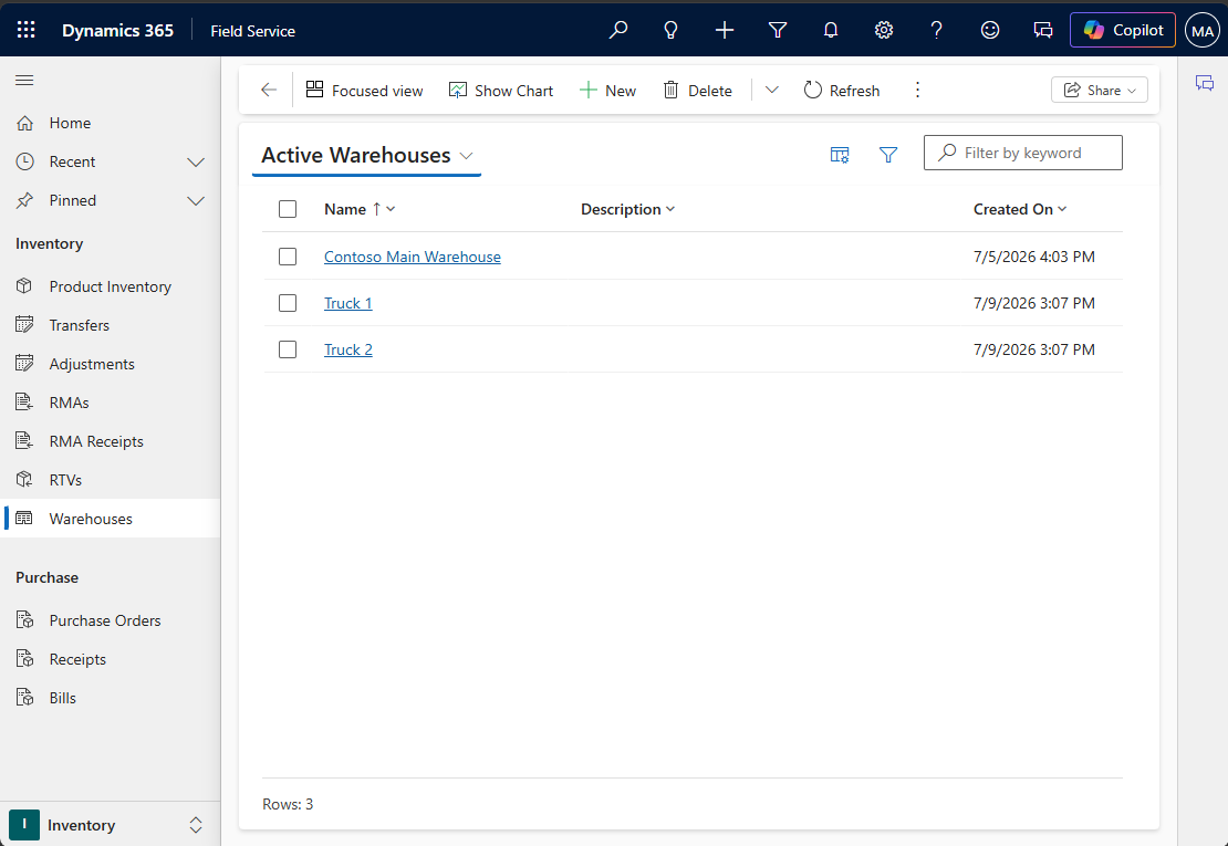 Screenshot of an Active Warehouses view with a list of warehouses in Field Service.