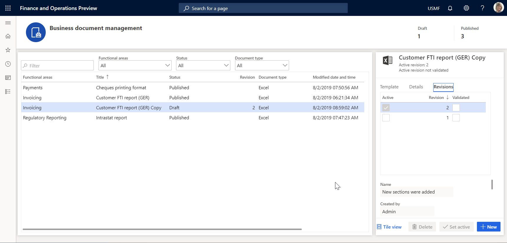 Screenshot of creating revisions to the template on the Business document management workspace page.