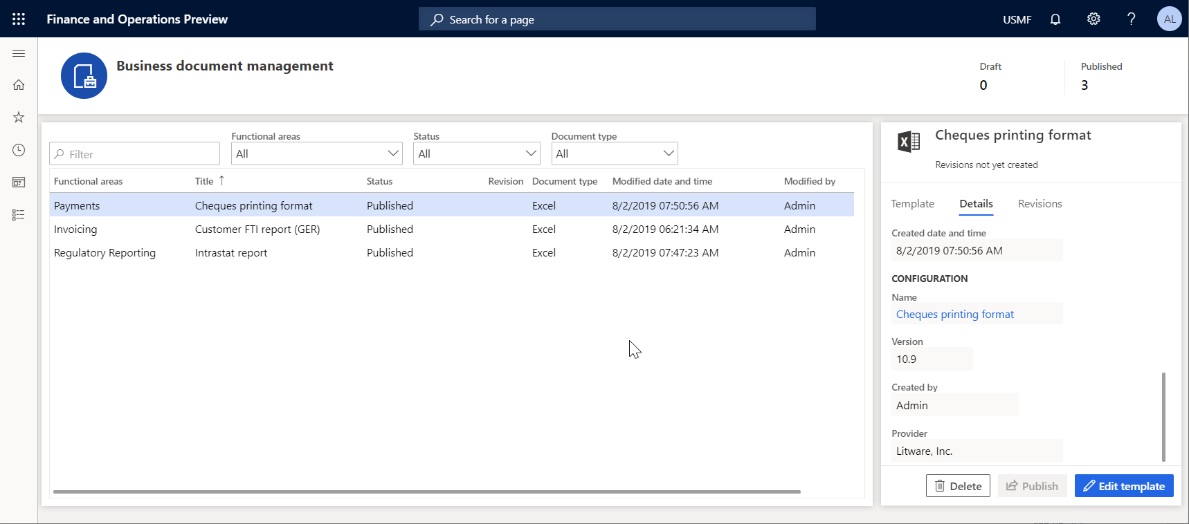 Screenshot of the Business document management workspace page Details tab.