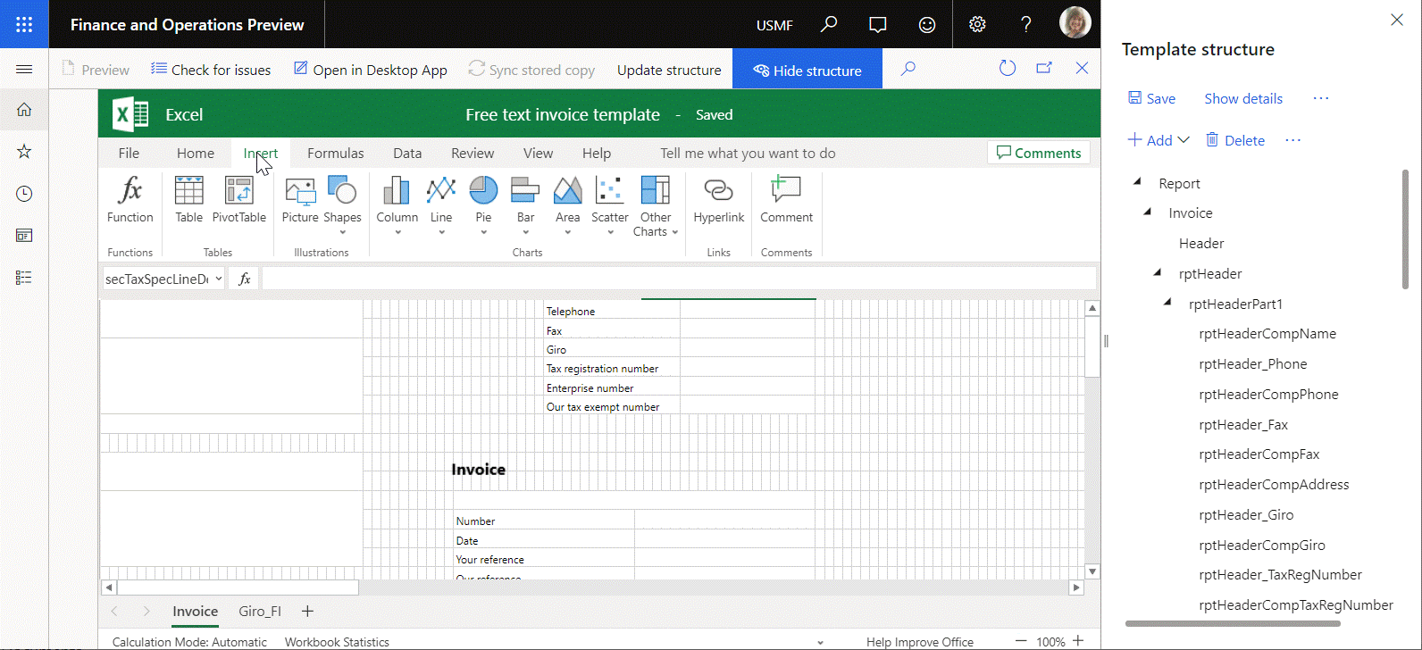 Screenshot of using the Business document management workspace to add a picture to a business document template.