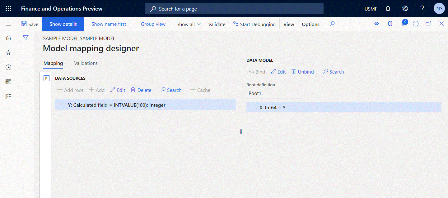 Screenshot of validating the editable model mapping component on the Model mapping designer page.