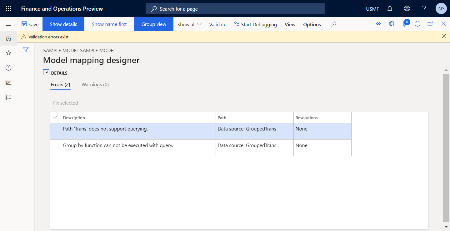 Screenshot of validating the ER model mapping component and verifying that the GroupedTrans data source can be queried on the Model mapping designer page.