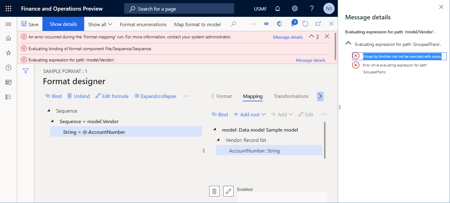 Screenshot of runtime errors that occur when the warning is ignored on the Format designer page.