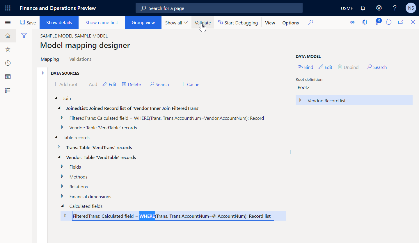 Screenshot of validating the editable model mapping component and verifying that the JoinedList data source can be queried on the Model mapping designer page.
