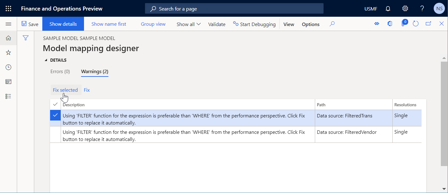 Screenshot of selecting Fix to automatically replace the WHERE function with the FILTER function on the Model mapping designer page.