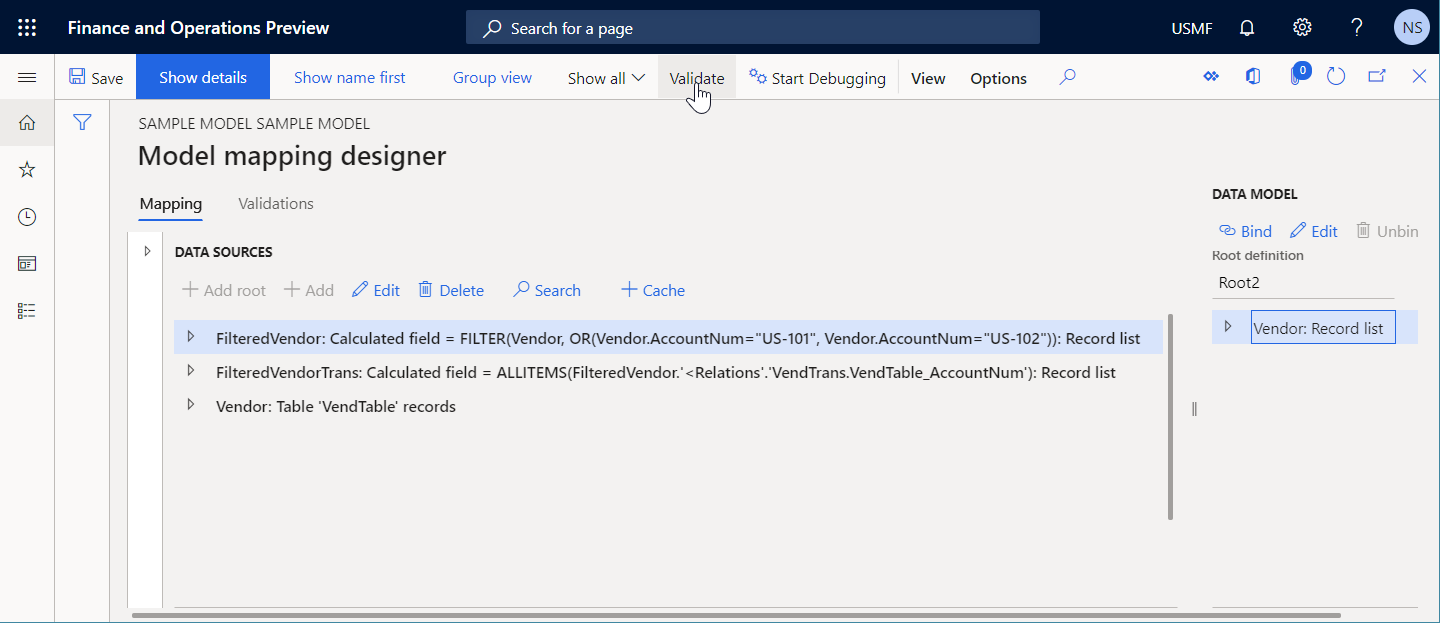 Screenshot of inspecting the editable model mapping component on the Model mapping designer page.
